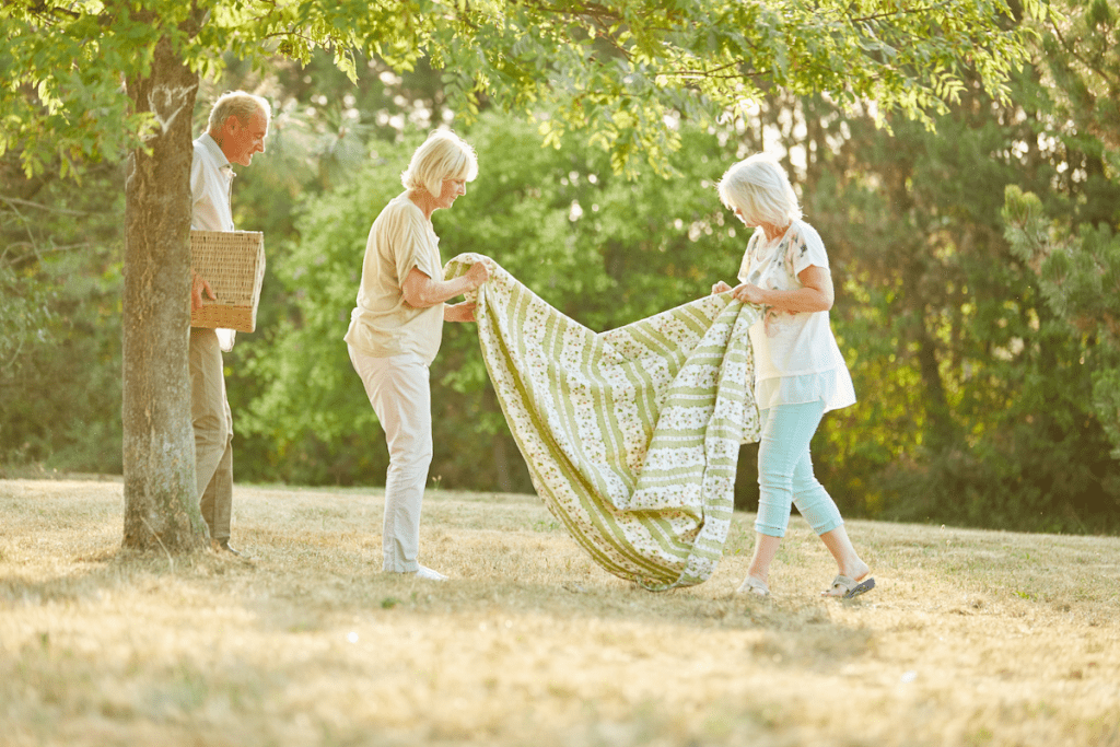 Three seniors setting up a picnic